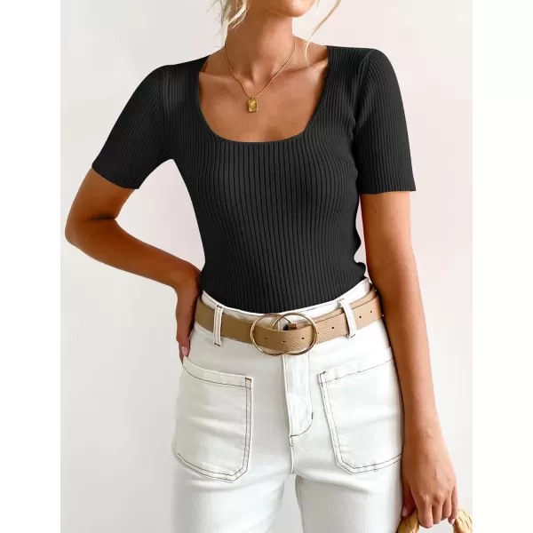imageZESICA Womens Short Sleeve Square Neck T Shirts 2024 Summer Slim Fitted Ribbed Knit Basic Casual Tee TopsBlack