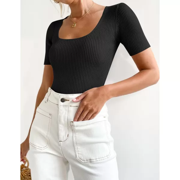imageZESICA Womens Short Sleeve Square Neck T Shirts 2024 Summer Slim Fitted Ribbed Knit Basic Casual Tee TopsBlack