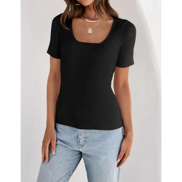 imageZESICA Womens Short Sleeve Square Neck T Shirts 2024 Summer Slim Fitted Ribbed Knit Basic Casual Tee TopsBlack