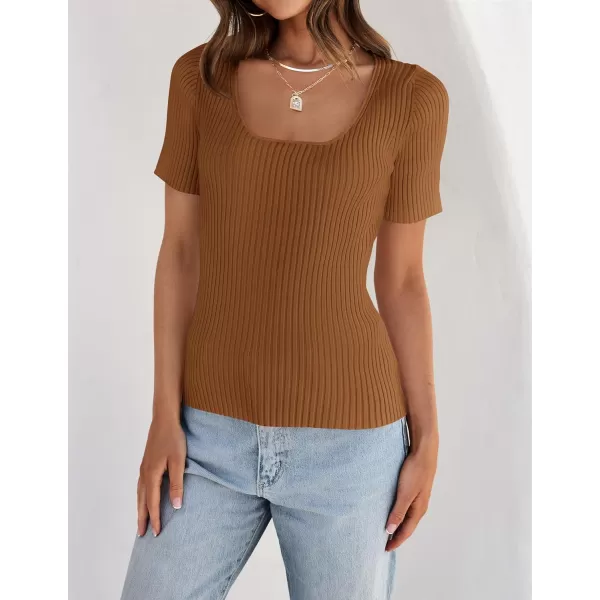 imageZESICA Womens Short Sleeve Square Neck T Shirts 2024 Summer Slim Fitted Ribbed Knit Basic Casual Tee TopsBrown