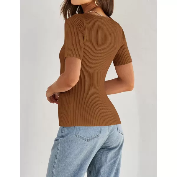 imageZESICA Womens Short Sleeve Square Neck T Shirts 2024 Summer Slim Fitted Ribbed Knit Basic Casual Tee TopsBrown