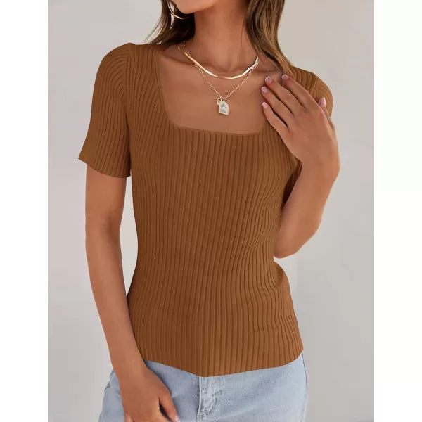 imageZESICA Womens Short Sleeve Square Neck T Shirts 2024 Summer Slim Fitted Ribbed Knit Basic Casual Tee TopsBrown