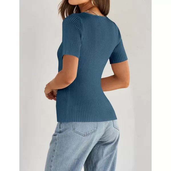 imageZESICA Womens Short Sleeve Square Neck T Shirts 2024 Summer Slim Fitted Ribbed Knit Basic Casual Tee TopsDarkblue