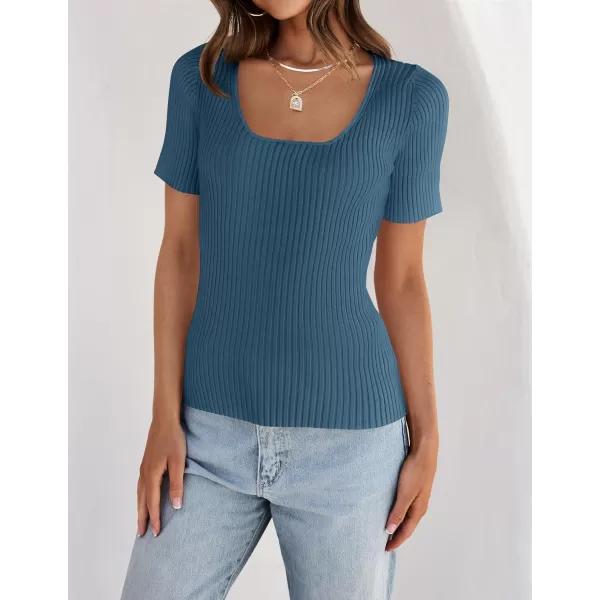 imageZESICA Womens Short Sleeve Square Neck T Shirts 2024 Summer Slim Fitted Ribbed Knit Basic Casual Tee TopsDarkblue