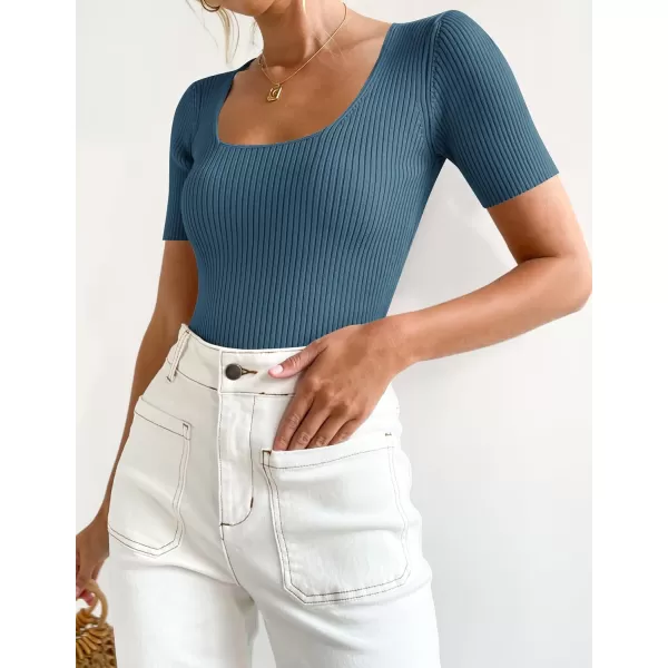 imageZESICA Womens Short Sleeve Square Neck T Shirts 2024 Summer Slim Fitted Ribbed Knit Basic Casual Tee TopsDarkblue