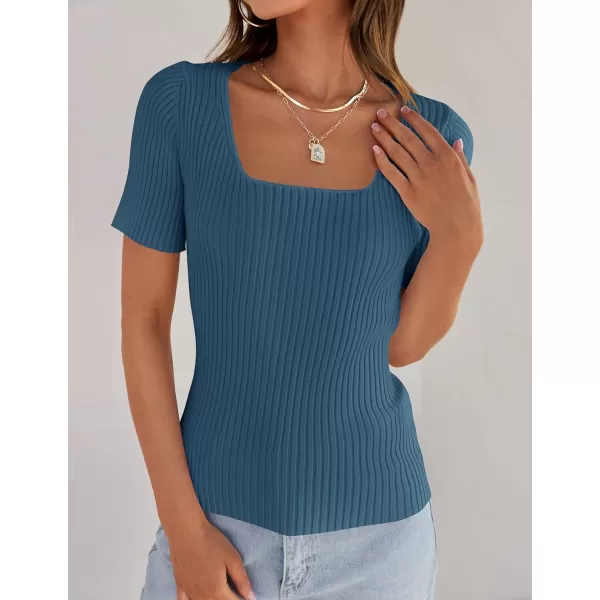 imageZESICA Womens Short Sleeve Square Neck T Shirts 2024 Summer Slim Fitted Ribbed Knit Basic Casual Tee TopsDarkblue