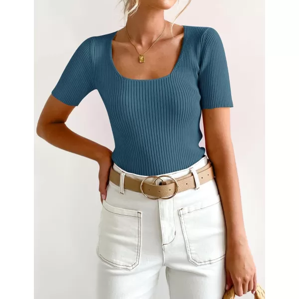 imageZESICA Womens Short Sleeve Square Neck T Shirts 2024 Summer Slim Fitted Ribbed Knit Basic Casual Tee TopsDarkblue