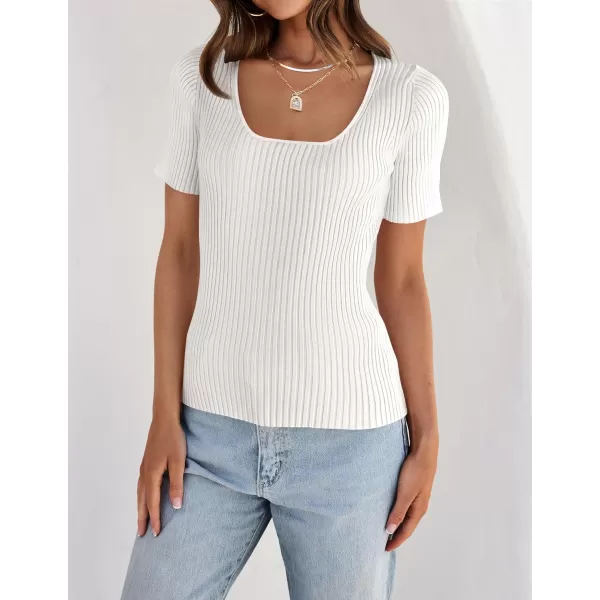 imageZESICA Womens Short Sleeve Square Neck T Shirts 2024 Summer Slim Fitted Ribbed Knit Basic Casual Tee TopsWhite