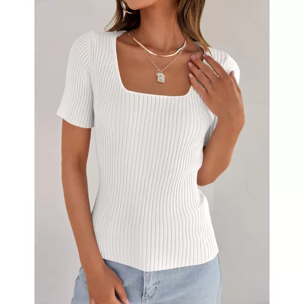 imageZESICA Womens Short Sleeve Square Neck T Shirts 2024 Summer Slim Fitted Ribbed Knit Basic Casual Tee TopsWhite