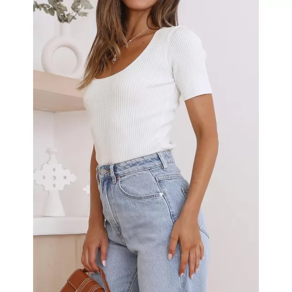 imageZESICA Womens Short Sleeve Square Neck T Shirts 2024 Summer Slim Fitted Ribbed Knit Basic Casual Tee TopsWhite