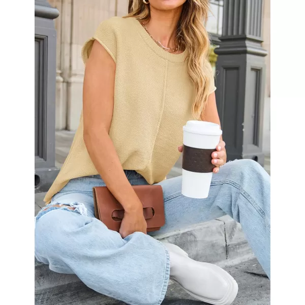 imageZESICA Womens Short Sleeve Tunic Tops Casual Crew Neck Sleeveless Solid Pullover Sweaters Basic Loose Knit Sweater VestApricot