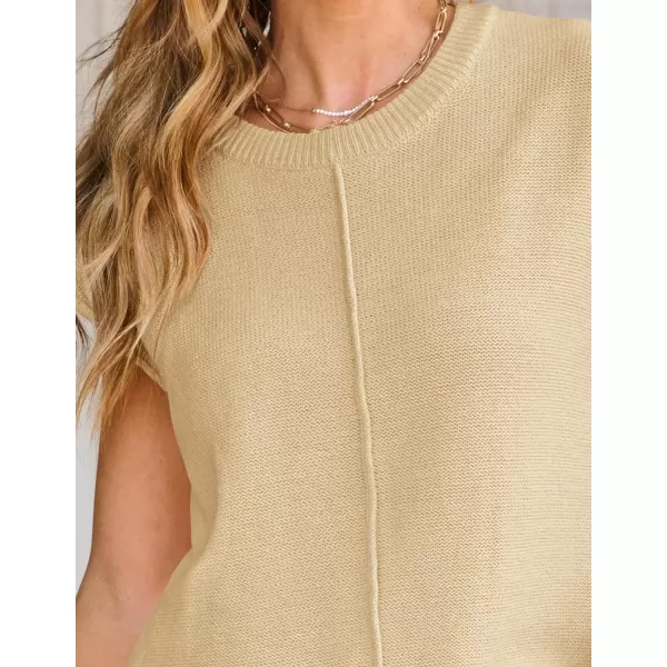 imageZESICA Womens Short Sleeve Tunic Tops Casual Crew Neck Sleeveless Solid Pullover Sweaters Basic Loose Knit Sweater VestApricot