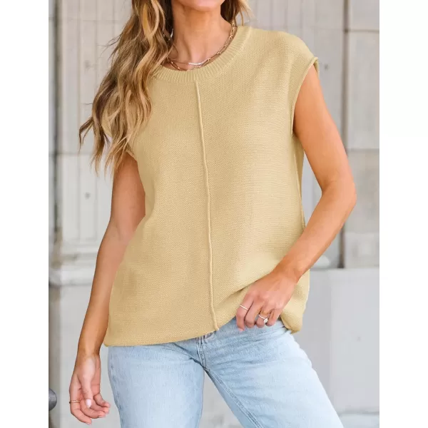 imageZESICA Womens Short Sleeve Tunic Tops Casual Crew Neck Sleeveless Solid Pullover Sweaters Basic Loose Knit Sweater VestApricot