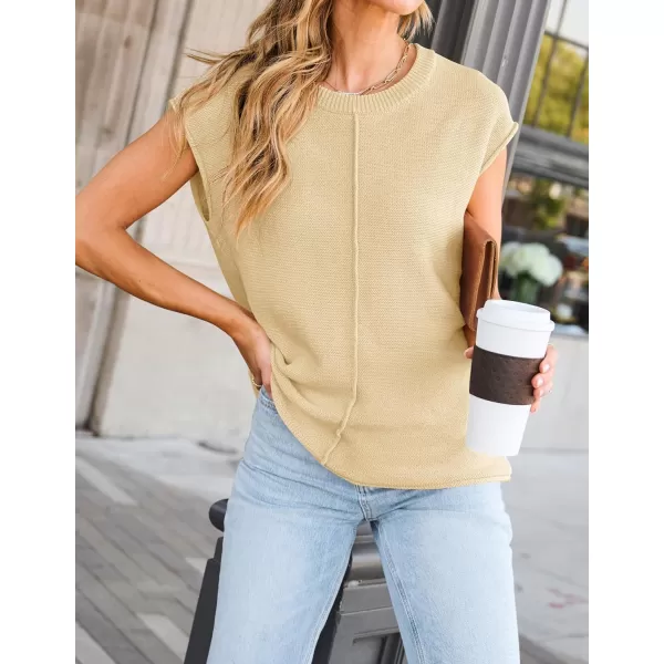 imageZESICA Womens Short Sleeve Tunic Tops Casual Crew Neck Sleeveless Solid Pullover Sweaters Basic Loose Knit Sweater VestApricot