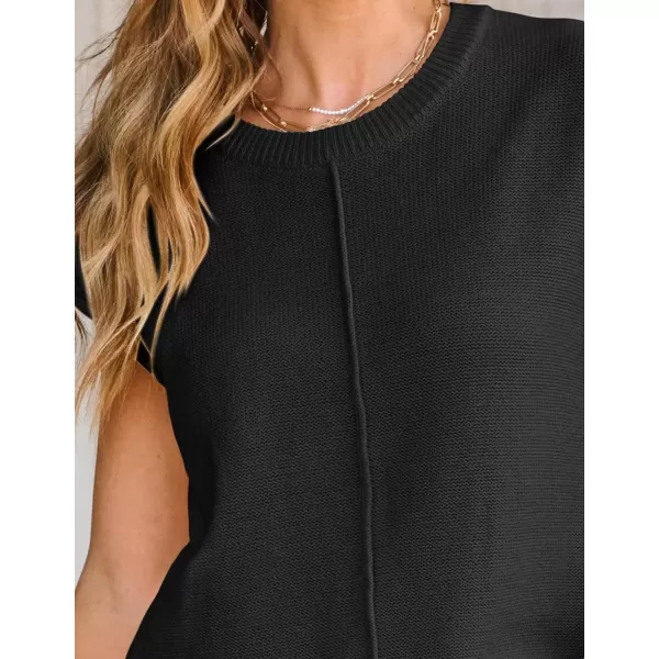imageZESICA Womens Short Sleeve Tunic Tops Casual Crew Neck Sleeveless Solid Pullover Sweaters Basic Loose Knit Sweater VestBlack