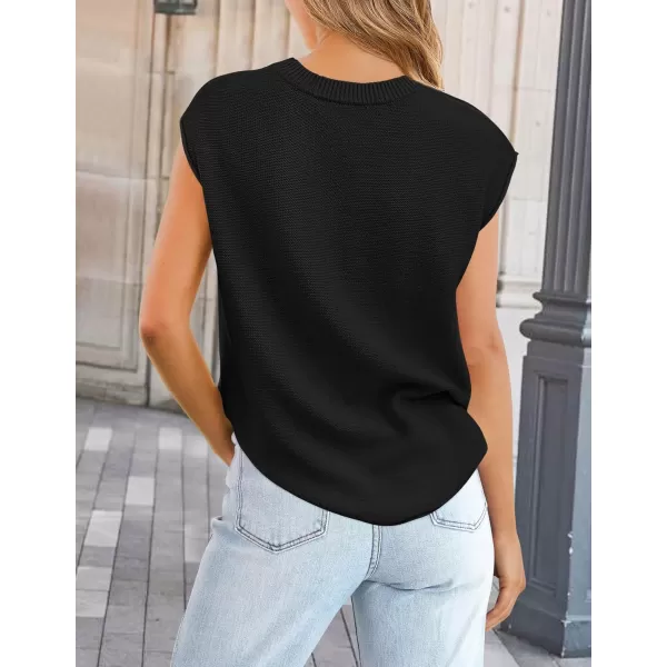 imageZESICA Womens Short Sleeve Tunic Tops Casual Crew Neck Sleeveless Solid Pullover Sweaters Basic Loose Knit Sweater VestBlack