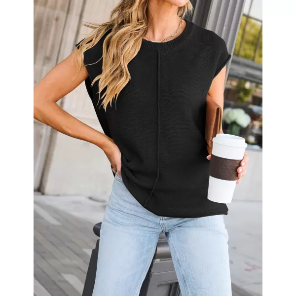 imageZESICA Womens Short Sleeve Tunic Tops Casual Crew Neck Sleeveless Solid Pullover Sweaters Basic Loose Knit Sweater VestBlack