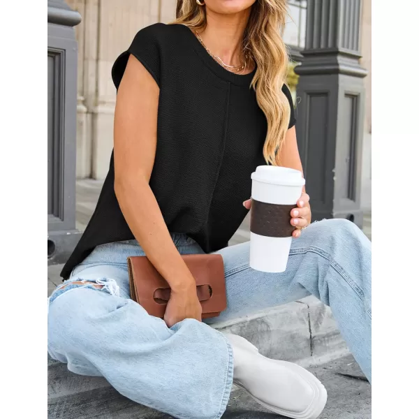 imageZESICA Womens Short Sleeve Tunic Tops Casual Crew Neck Sleeveless Solid Pullover Sweaters Basic Loose Knit Sweater VestBlack