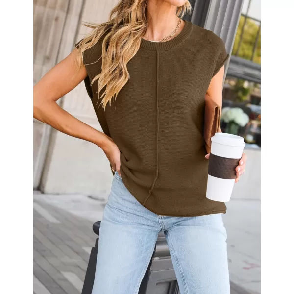 imageZESICA Womens Short Sleeve Tunic Tops Casual Crew Neck Sleeveless Solid Pullover Sweaters Basic Loose Knit Sweater VestBrown