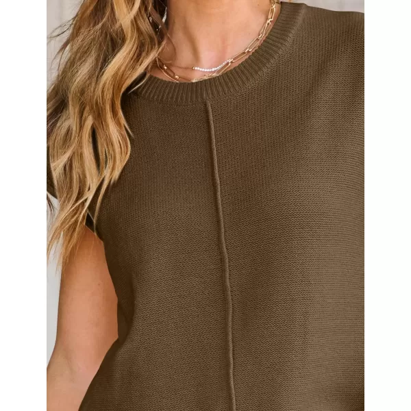 imageZESICA Womens Short Sleeve Tunic Tops Casual Crew Neck Sleeveless Solid Pullover Sweaters Basic Loose Knit Sweater VestBrown