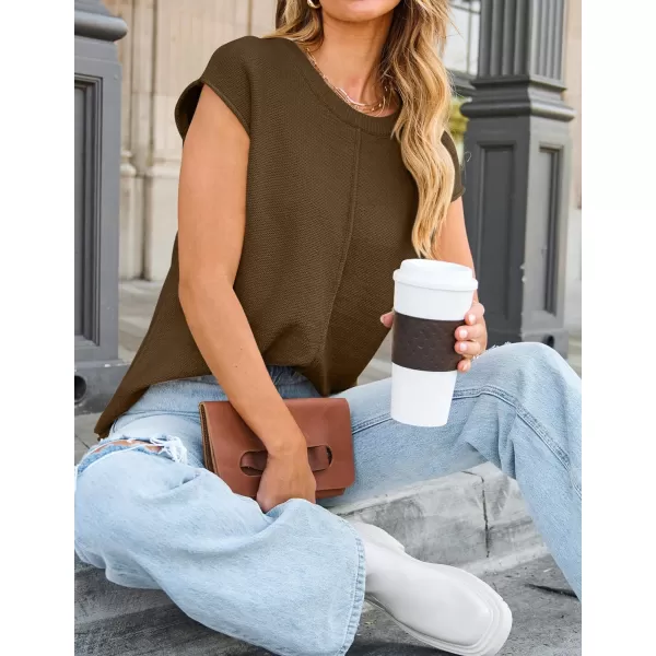 imageZESICA Womens Short Sleeve Tunic Tops Casual Crew Neck Sleeveless Solid Pullover Sweaters Basic Loose Knit Sweater VestBrown