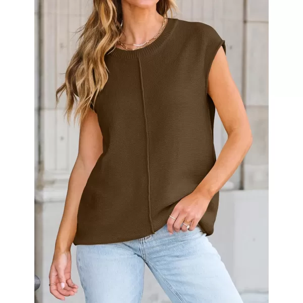 imageZESICA Womens Short Sleeve Tunic Tops Casual Crew Neck Sleeveless Solid Pullover Sweaters Basic Loose Knit Sweater VestBrown