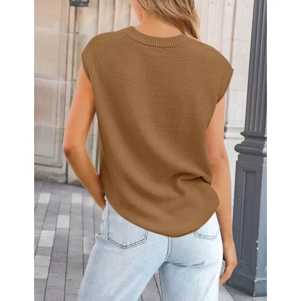 imageZESICA Womens Short Sleeve Tunic Tops Casual Crew Neck Sleeveless Solid Pullover Sweaters Basic Loose Knit Sweater VestCamel