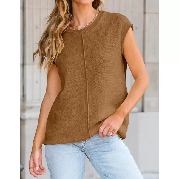 imageZESICA Womens Short Sleeve Tunic Tops Casual Crew Neck Sleeveless Solid Pullover Sweaters Basic Loose Knit Sweater VestCamel
