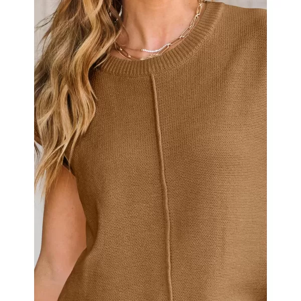 imageZESICA Womens Short Sleeve Tunic Tops Casual Crew Neck Sleeveless Solid Pullover Sweaters Basic Loose Knit Sweater VestCamel