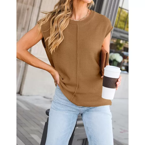 imageZESICA Womens Short Sleeve Tunic Tops Casual Crew Neck Sleeveless Solid Pullover Sweaters Basic Loose Knit Sweater VestCamel