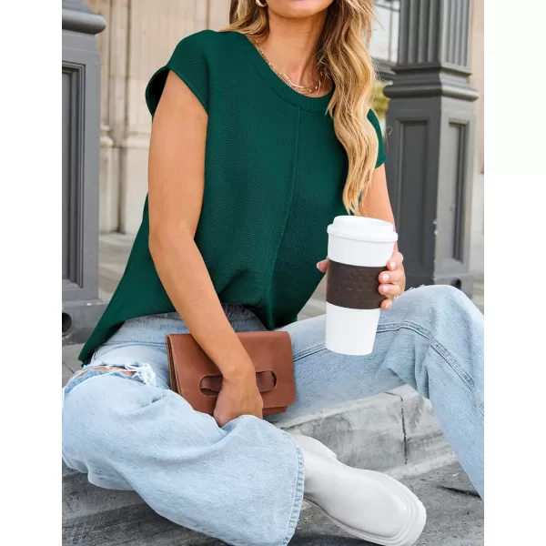 imageZESICA Womens Short Sleeve Tunic Tops Casual Crew Neck Sleeveless Solid Pullover Sweaters Basic Loose Knit Sweater VestDark Green