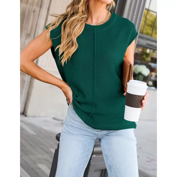 imageZESICA Womens Short Sleeve Tunic Tops Casual Crew Neck Sleeveless Solid Pullover Sweaters Basic Loose Knit Sweater VestDark Green