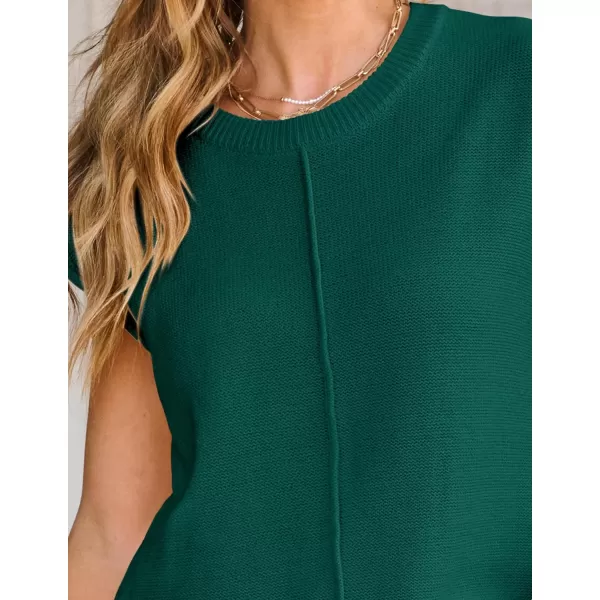 imageZESICA Womens Short Sleeve Tunic Tops Casual Crew Neck Sleeveless Solid Pullover Sweaters Basic Loose Knit Sweater VestDark Green