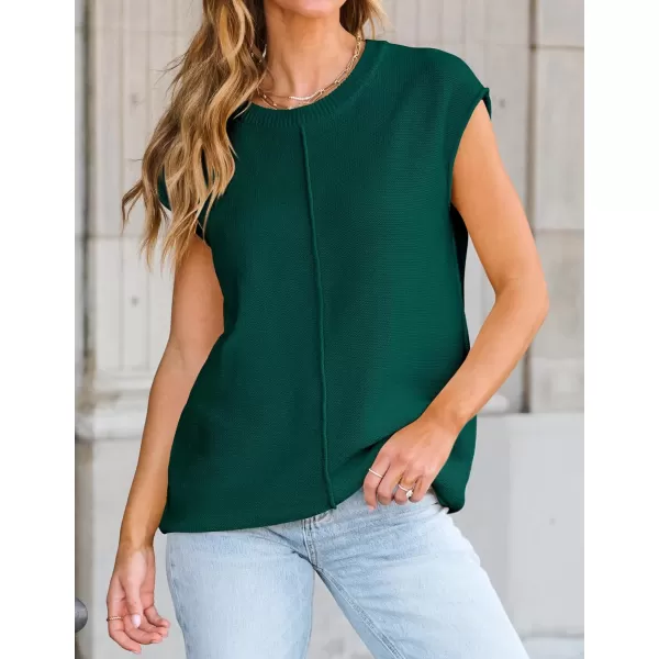imageZESICA Womens Short Sleeve Tunic Tops Casual Crew Neck Sleeveless Solid Pullover Sweaters Basic Loose Knit Sweater VestDark Green