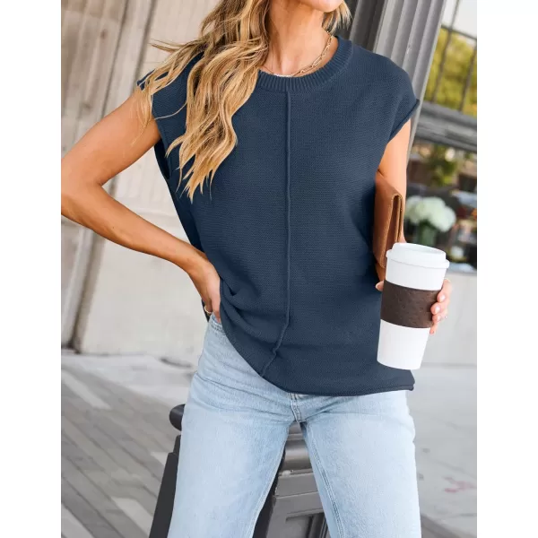 imageZESICA Womens Short Sleeve Tunic Tops Casual Crew Neck Sleeveless Solid Pullover Sweaters Basic Loose Knit Sweater VestDusty Blue
