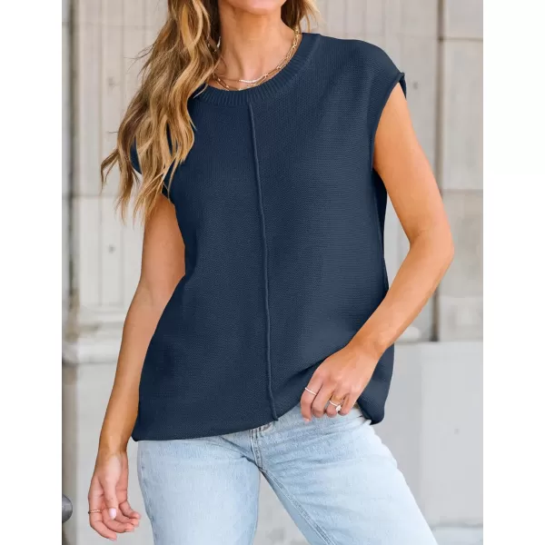 imageZESICA Womens Short Sleeve Tunic Tops Casual Crew Neck Sleeveless Solid Pullover Sweaters Basic Loose Knit Sweater VestDusty Blue