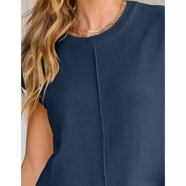 imageZESICA Womens Short Sleeve Tunic Tops Casual Crew Neck Sleeveless Solid Pullover Sweaters Basic Loose Knit Sweater VestDusty Blue