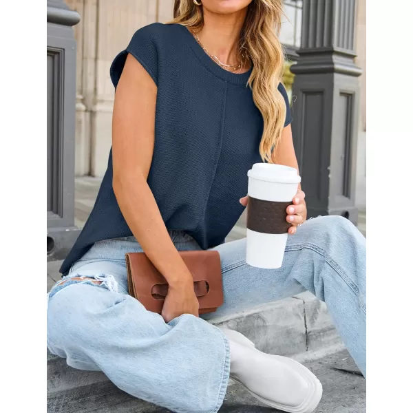 imageZESICA Womens Short Sleeve Tunic Tops Casual Crew Neck Sleeveless Solid Pullover Sweaters Basic Loose Knit Sweater VestDusty Blue