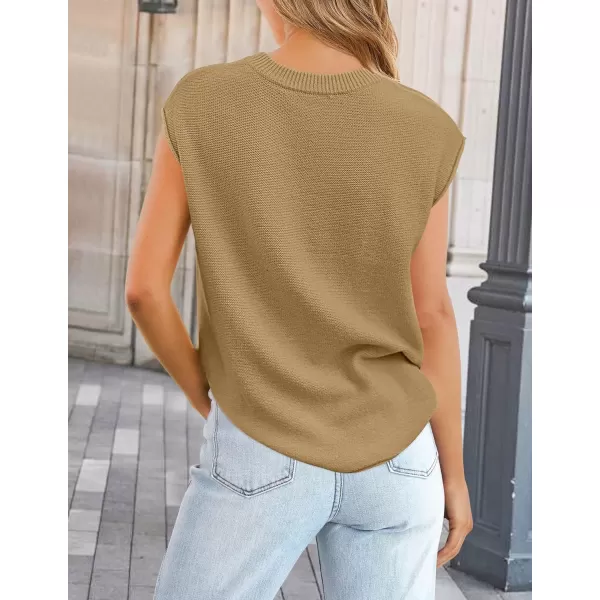 imageZESICA Womens Short Sleeve Tunic Tops Casual Crew Neck Sleeveless Solid Pullover Sweaters Basic Loose Knit Sweater VestKhaki
