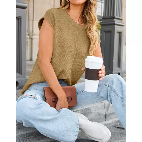 imageZESICA Womens Short Sleeve Tunic Tops Casual Crew Neck Sleeveless Solid Pullover Sweaters Basic Loose Knit Sweater VestKhaki