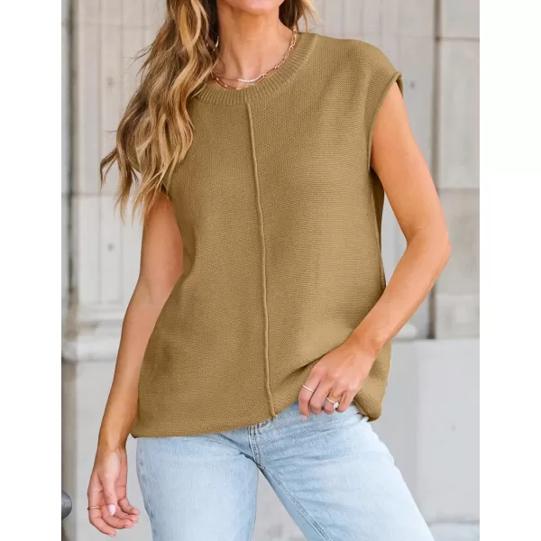 imageZESICA Womens Short Sleeve Tunic Tops Casual Crew Neck Sleeveless Solid Pullover Sweaters Basic Loose Knit Sweater VestKhaki