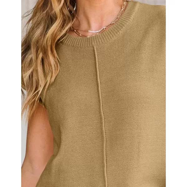 imageZESICA Womens Short Sleeve Tunic Tops Casual Crew Neck Sleeveless Solid Pullover Sweaters Basic Loose Knit Sweater VestKhaki
