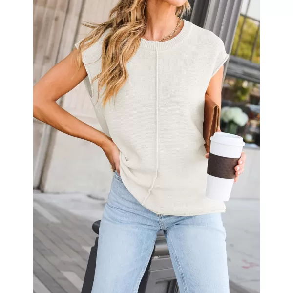 imageZESICA Womens Short Sleeve Tunic Tops Casual Crew Neck Sleeveless Solid Pullover Sweaters Basic Loose Knit Sweater VestWhite