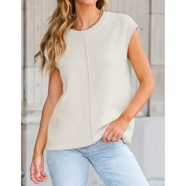 imageZESICA Womens Short Sleeve Tunic Tops Casual Crew Neck Sleeveless Solid Pullover Sweaters Basic Loose Knit Sweater VestWhite