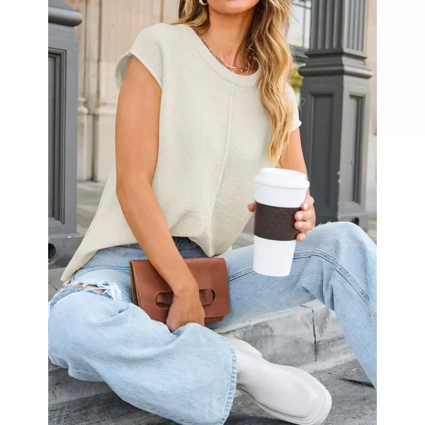 imageZESICA Womens Short Sleeve Tunic Tops Casual Crew Neck Sleeveless Solid Pullover Sweaters Basic Loose Knit Sweater VestWhite