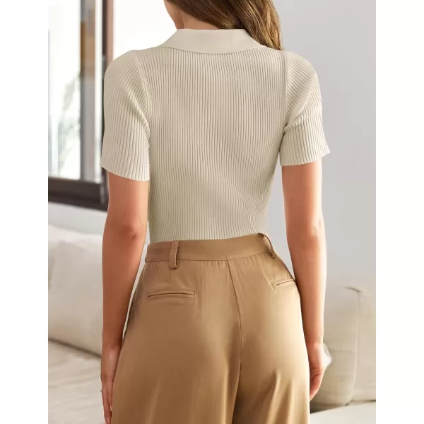 imageZESICA Womens Short Sleeve V Neck T Shirts 2024 Summer Ribbed Knit Slim Fitted Basic Solid Color Tee TopsAlmond