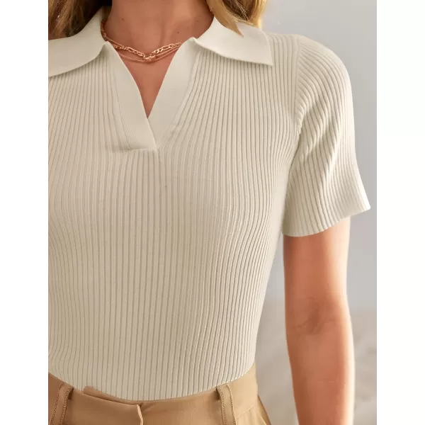 imageZESICA Womens Short Sleeve V Neck T Shirts 2024 Summer Ribbed Knit Slim Fitted Basic Solid Color Tee TopsAlmond