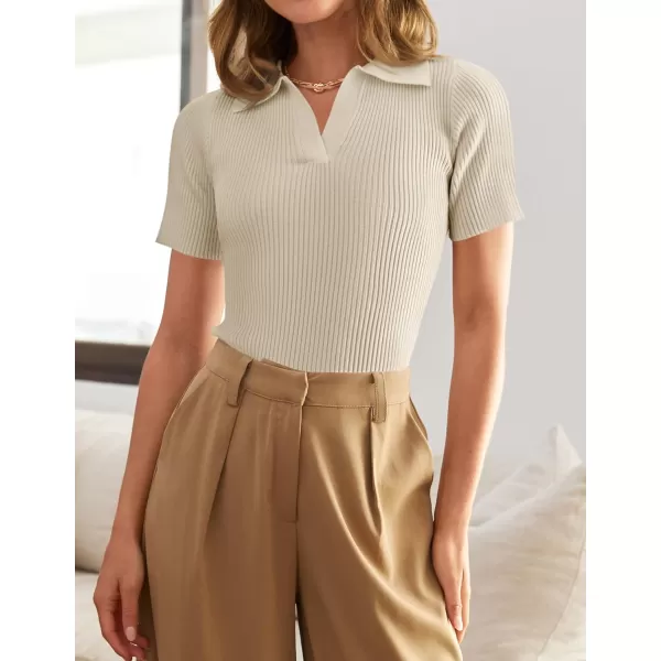 imageZESICA Womens Short Sleeve V Neck T Shirts 2024 Summer Ribbed Knit Slim Fitted Basic Solid Color Tee TopsAlmond