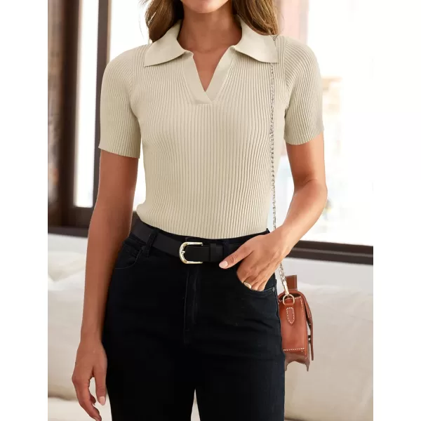 imageZESICA Womens Short Sleeve V Neck T Shirts 2024 Summer Ribbed Knit Slim Fitted Basic Solid Color Tee TopsAlmond