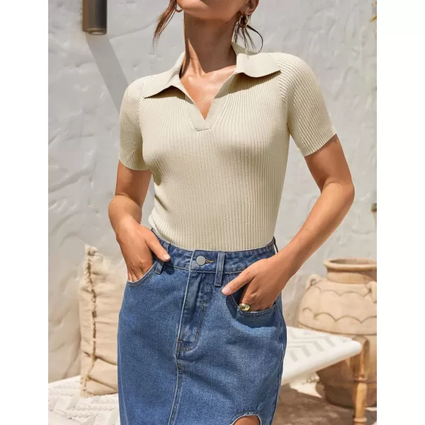 imageZESICA Womens Short Sleeve V Neck T Shirts 2024 Summer Ribbed Knit Slim Fitted Basic Solid Color Tee TopsAlmond